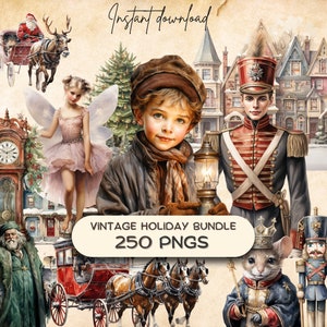 Vintage Weihnachts Clipart-Bundle (250 PNG): Der Nussknacker, Ein Weihnachtslied, Weihnachtsmann Aquarell-Weihnachtskartengrafik, Ornament Crafting POD
