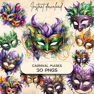 Karneval Masken Clipart Bundle, Karneval in New Orleans, druckbare digitale Aufkleber, Junk Journal Download, Kartenbasteln