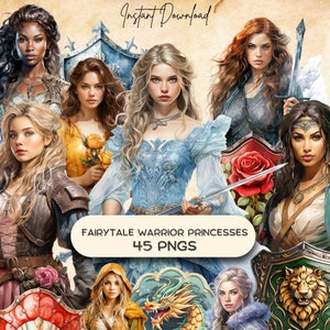 Märchenhafte Kriegerprinzessinnen Clipart Bundle (45 PNG), literarische Fantasy Grafiken, Vintage Storybook Märchen, Grimm Bücherwurm Instant Download