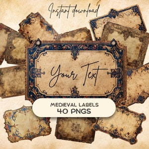 Pacchetto Ephemera con etichette medievali (40 PNG), forniture stampabili del Medioevo, adesivi per diari spazzatura storici, carta scrapbooking personalizzabile