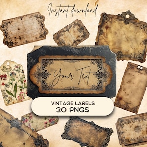 May include: A set of 30 vintage style labels with ornate borders. The labels are in various shapes and sizes, and have a distressed, aged look. Some labels have floral designs, while others are blank. The text "Your Text" is written on one of the labels.