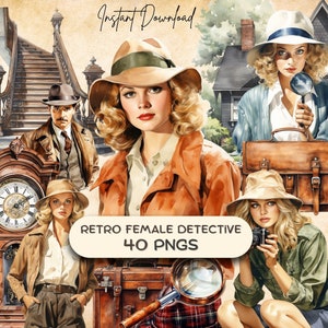 Imágenes Prediseñadas de detective femenina vintage (40 PNG), Paquete retro de los años 30 Noir, Pegatinas de diario basura de acuarela, Álbum de recortes de misterio de asesinato
