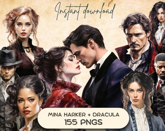 May include: A digital art collage featuring characters from the novel Dracula. The collage includes Mina Harker, Dracula, and other characters from the story. The text "Mina Harker + Dracula 155 PNGs" is displayed in the center of the image.