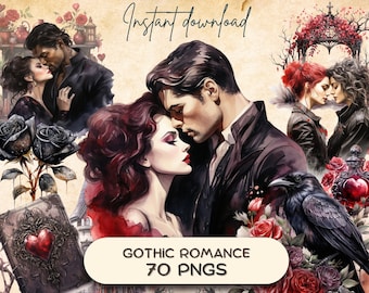 Gothic Romance Clipart Bundle (70 PNG), Dark Fantasy Love, Romantasy Printable Junk Journal Sticker Download, Valentines Day Card Making POD