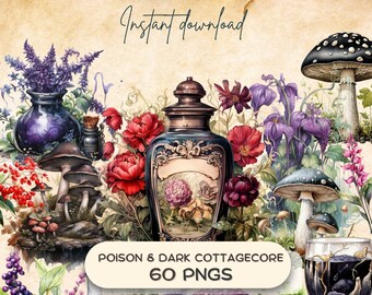 Dark Cottagecore Poison Plant Watercolor Clipart (60 PNGs), Botanical Printable Graphic, Houseplant Download, Herbology Junk Journal Sticker