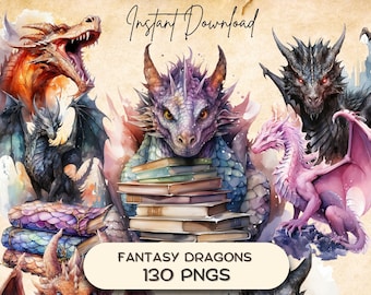 May include: A digital download of 130 fantasy dragon PNG images. The images feature dragons of various colours, including purple, pink, orange, and black. Some dragons are holding stacks of books, while others are flying or sitting on a nest.