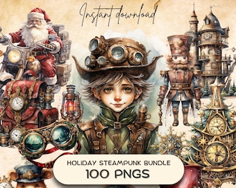 May include: A digital clipart bundle of 100 steampunk-themed holiday illustrations. The illustrations feature a variety of festive elements, including a snow globe, a nutcracker, a clock tower, a teddy bear, and a Christmas tree. The illustrations are rendered in a whimsical style with intricate details and vibrant colors.
