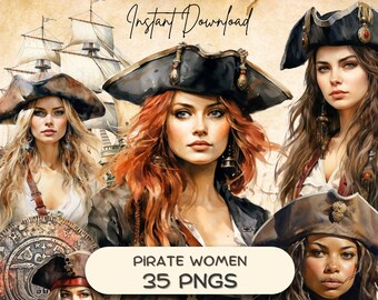May include: A digital illustration of five pirate women with different hairstyles and clothing. The women are wearing pirate hats and holding various pirate-themed items, such as a treasure chest, a sword, and a compass. The background is a watercolor-style painting of a ship and the sea.
