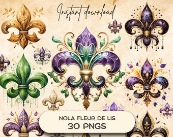 NOLA Fleur de Lis Clipart Bundle (30 PNGs), Cajun Mardi Gras, New Orleans Carnival Season, Printable Digital Sticker, Junk Journal Download