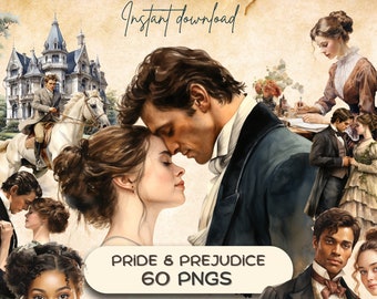May include: A digital illustration set of 60 PNG images featuring characters from the novel Pride and Prejudice. The images include a couple embracing, a man riding a horse, a woman writing in a book, and a group of people standing together. The images are in a watercolour style and have a vintage aesthetic.