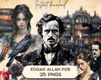 Edgar Allan Poe Clipart (35 PNG), Dark Academia, Gothic Macabre Art, Quoth the Raven Nevermore, Horror Victorian Junk Journal Stickers