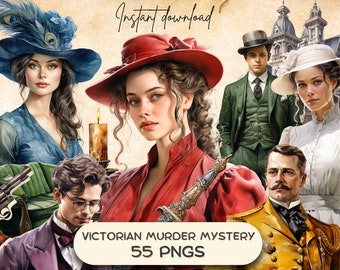 Può includere: Un set di illustrazioni digitali di 55 personaggi vittoriani, tra cui una donna in un abito rosso, un uomo in un abito verde, una donna in un abito bianco, un uomo in un abito giallo e un uomo in un abito viola. Il set di illustrazioni è intitolato "Victorian Murder Mystery 55 PNGs".