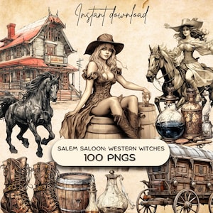 Könnte beinhalten: Ein digitales Illustrationsset mit 100 PNG-Bildern zum Thema Western-Saloon, darunter ein Saloon-Gebäude, eine Hexe, ein Pferd, ein Wagen, Stiefel, Fässer und Flaschen. Der Text "Salem Saloon: Western Witches 100 PNGs" ist im Bild enthalten.