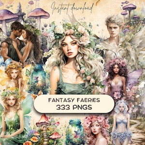 Fairy Clipart Mega Bundle (333 PNG), Illustrazione della natura mistica, Grafica romantica Fae stampabile, Baby Dragon Faeries, POD di download istantaneo
