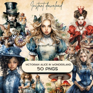 Watercolor Alice in Wonderland Clipart (50 PNG), Victorian Fantasy Illustration, Mystical Mushroom, Mad Hatter Tea Party, Cheshire Cat Art