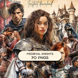 Bundle de cliparts chevaliers médiévaux (PNG 70), scrapbooking romantique fantastique, graphiques du royaume des contes de fées, autocollant imprimable pour journal indésirable