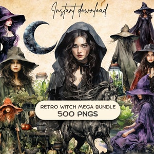 Puede incluir: Una ilustración digital de un mega paquete de brujas retro con 500 imágenes PNG. La imagen presenta una variedad de brujas con diferentes peinados, ropa y accesorios. También hay varios elementos mágicos, como una luna creciente, un caballo negro y un frasco de hierbas.