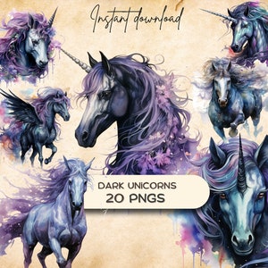 Dark Fantasy Unicorn clipart (20 png's), aquarel magisch wezen kunst, mythische sprookjesafbeelding, fantastisch dier plakboek, mystic paard