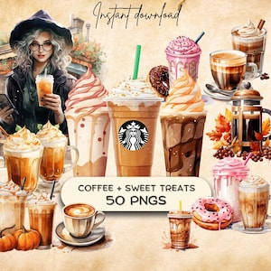 Koffie + zoete lekkernijen clipart bundel (50 PNG), PSL, Iced Latte, cafeïneliefhebber, café graphics, ongewenste dagboekstickers, planner downloads