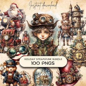 Steampunk Christmas Victorian Clipart (100 PNG), Vintage 1800s Watercolor Holiday Graphics, Ornament + Card Crafting, POD Instant Download