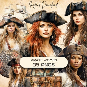 Victorian Pirate Women Clipart (35 PNG), Watercolor Vintage Junk Journal, Retro Scrapbooking, Printable Art, Nautical Ship Digital Sticker