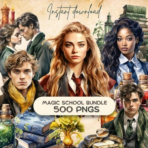 Zauberhafte Schule Clipart COMBO-Bundle (500+ PNG), Zauberer-Haus-Zubehör, Fantasy-Grafik, Dark Academia Junk Journal Aufkleber