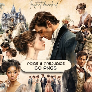 Orgueil et préjugés clipart victorien (60), Dark Academia PNG, illustration littéraire, graphique POD, roman d'amour anglais, cadeau pour les fans de Jane Austen