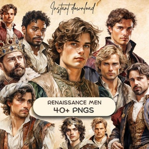 Renaissance mannen clipartbundel (40+ png), fantasy romantiek scrapbooking, boekbindende graphics, afdrukbare junk Journal sticker