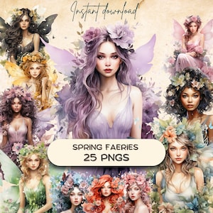 Paquete de imágenes prediseñadas de hadas de primavera (25 PNG), Diario floral primaveral, Gráficos de álbumes de recortes de fantasía, Romance mágico de hadas, Descarga instantánea