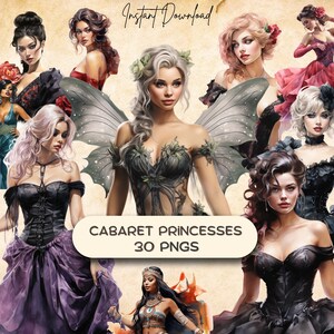 Ensemble de cliparts princesses de conte de fées cabaret (30 PNG), graphiques fantastiques livresques, conte de contes vintage, danseuse scrapbooking téléchargement immédiat