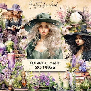 Imágenes prediseñadas de magia botánica (30 PNG), scrapbooking de fantasía Shabby Chic, brujería de la naturaleza, pegatina de diario basura, descarga de gráficos de encuadernación de libros