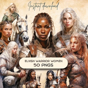 Elf Warrior Women Clipart (50 PNGs), Watercolor Elvish Graphics, Printable Digital Sticker, Fantasy Junk Journal, Scrapbooking POD Download
