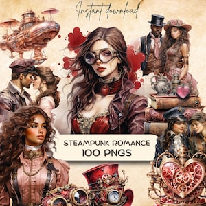 Steampunk: Paquete de imágenes prediseñadas románticas (100 PNG), Amor victoriano, Equipo del siglo XIX, Descarga de pegatinas imprimibles para diario basura, Creación de tarjetas del Día de San Valentín