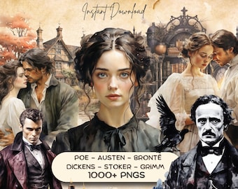 1000+ Victorian Gothic Romance MEGA Clipart Bundle: Jane Eyre, Wuthering Heights, Poe, Pride & Prejudice, Christmas Carol, Watercolor PNGs
