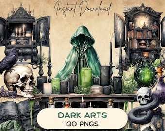 Magic School: Dark Arts Bundle (130 PNGs), Wizard Supplies, Watercolor Clipart Dark Academia PNG, Printable Junk Journal Stickers, POD