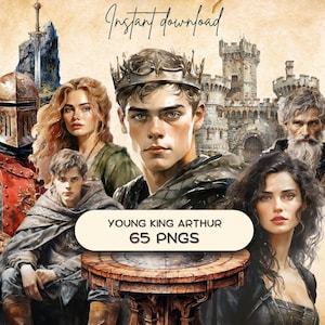 Bundle de cliparts jeune roi Arthur (65 PNG), chevaliers du royaume de Camelot, scrapbooking royaux médiévaux-fantastiques, sticker journal indésirable imprimable