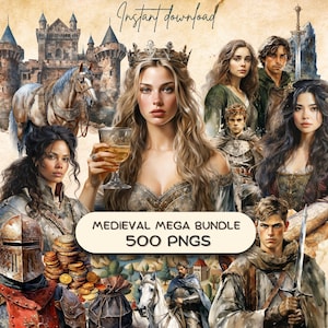 Ensemble de cliparts MEGA médiéval (500 PNG), scrapbooking romantique fantastique, légendes historiques du Moyen-Âge, sticker journal indésirable imprimable