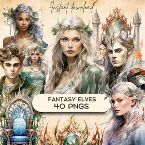 Fantasy Elf Royals Clipart (40 PNGs), Aquarell Elvish Grafiken, druckbare digitale Aufkleber, Magic Junk Journal, Scrapbooking POD Download