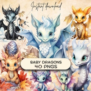 May include: A set of 40 digital illustrations of baby dragons in various colours and poses. The dragons are depicted with wings, horns, and scales. The illustrations are perfect for use in digital scrapbooking, card making, and other creative projects.