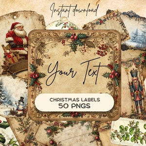 lot d'étiquettes éphémères de Noël vintage (50 PNG), fournitures de vacances imprimables, éphémères de journal indésirable, téléchargement papier personnalisable