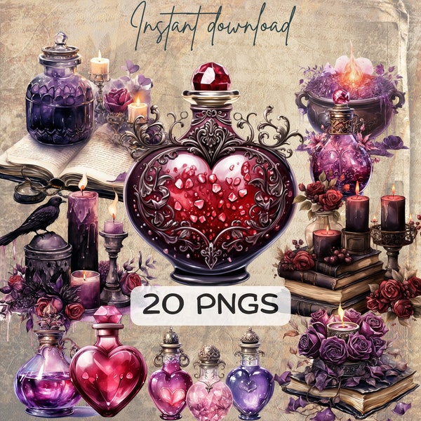 Love Potion Clipart Bundle (20 PNGs), Magic School Supplies, Fantasy Watercolor Illustrations, Valentines POD Download, Vday Card Crafting