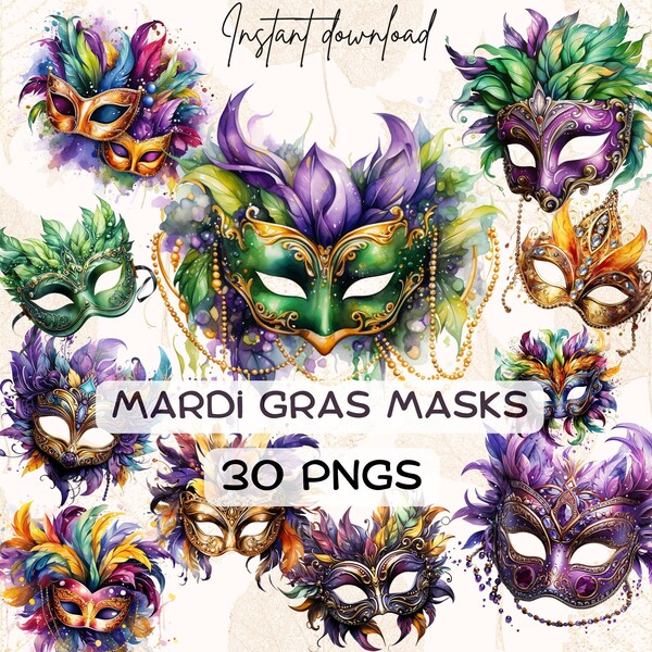 Mardi Gras Masks Clipart Bundle (30 PNGs), New Orleans Carnival Season, Printable Digital Sticker, Junk Journal Download, Card Crafting