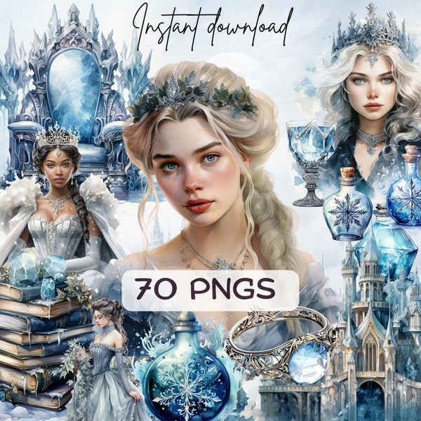 Winter Fantasy Queen Clipart (70 PNG), Watercolor Fairytale Illustration, Victorian Ice Princess Graphic, Elemental Kingdom Instant Download