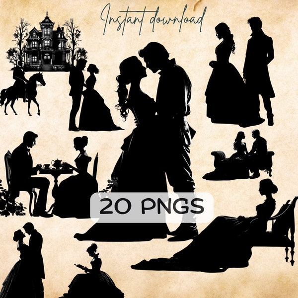 Historical Romance Silhouettes Clipart Bundle (20 PNG), Black-and-White Vintage Couples, Printable Junk Journal Download, POD Card Making