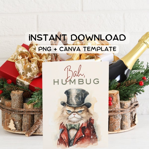 Grumpy Cat Scrooge Printable Holiday Card, Dickens' A Christmas Carol Digital Download, Foldable Xmas Greeting, Funny Family eCard, Canva