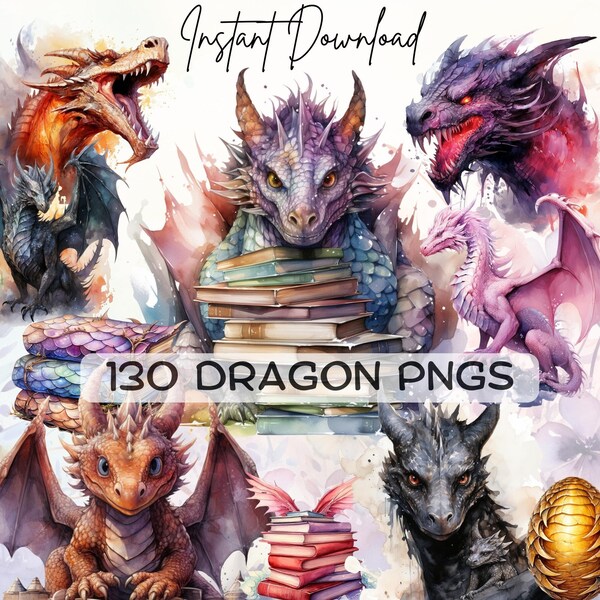 Fantasy Dragon Clipart MEGA Bundle (130 PNGs) - Aquarell Bücherwurm, Baby, Dunkle und Magie Schuldrachen, Digitale Aufkleber, Scrapbooking POD