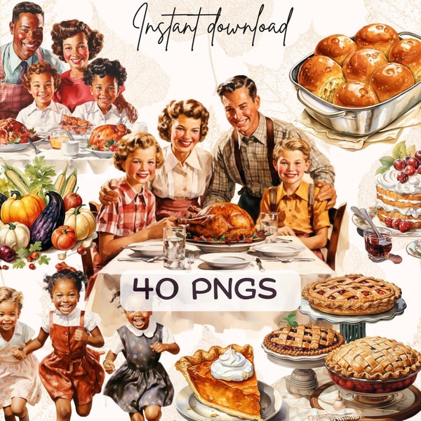 Retro Thanksgiving PNG (40), 1950s Autumn Family Holiday Clipart, Turkey Dinner, Fifties Vintage Fall Scrapbook Sticker, Watercolor Download