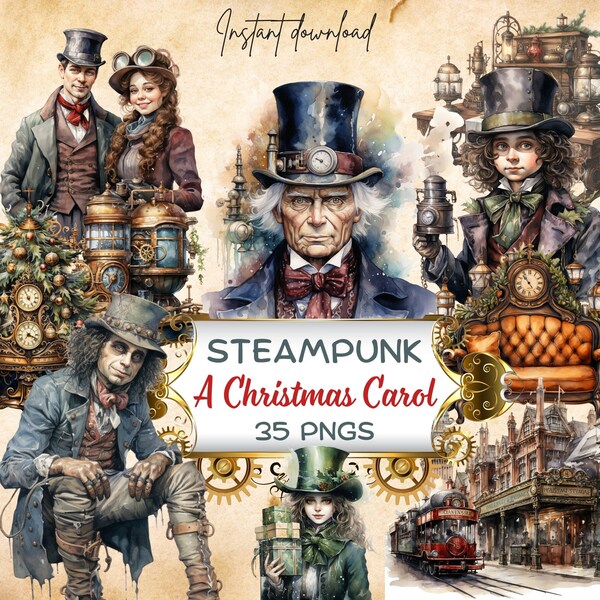 Steampunk 'A Christmas Carol' Clipart (35 PNG), Charles Dickens Reader, London Holiday, Tiny Tim, Ghost of Xmas Past, Three Spirits Stickers