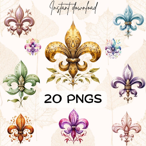 Spring Fleur de Lis Clipart Bundle (20 PNGs), floral NOLA symbol, New Orleans Souvenir Art, Printable Digital Sticker, Junk Journal Download