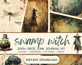 May include: A digital collage kit with the text "swamp witch" and "300+ piece junk journal kit clipart - ephemera - patterns - pages" and the text "instant download". The kit features images of a witch, a frog, mushrooms, a bottle of potion, and a dragonfly.